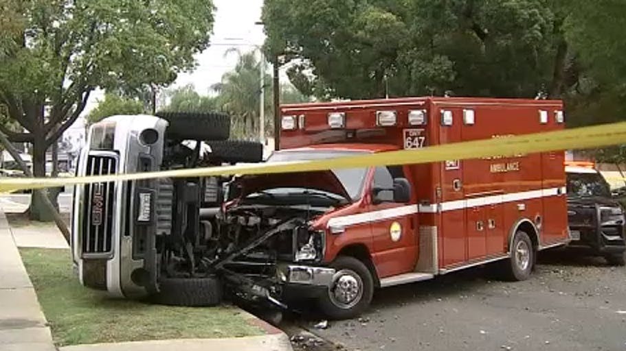 Downey police pursued an ambulance stolen from the scene of a stabbing outside the library, and the chase ended when the suspect crashed the emergency vehicle into a parked car in Alhambra.