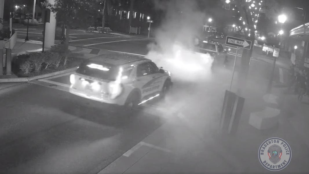 A man accused of driving under the influence squealed his tires and forced Bradenton, FL, police officers and nearby pedestrians to scatter before the suspect was arrested Sunday.