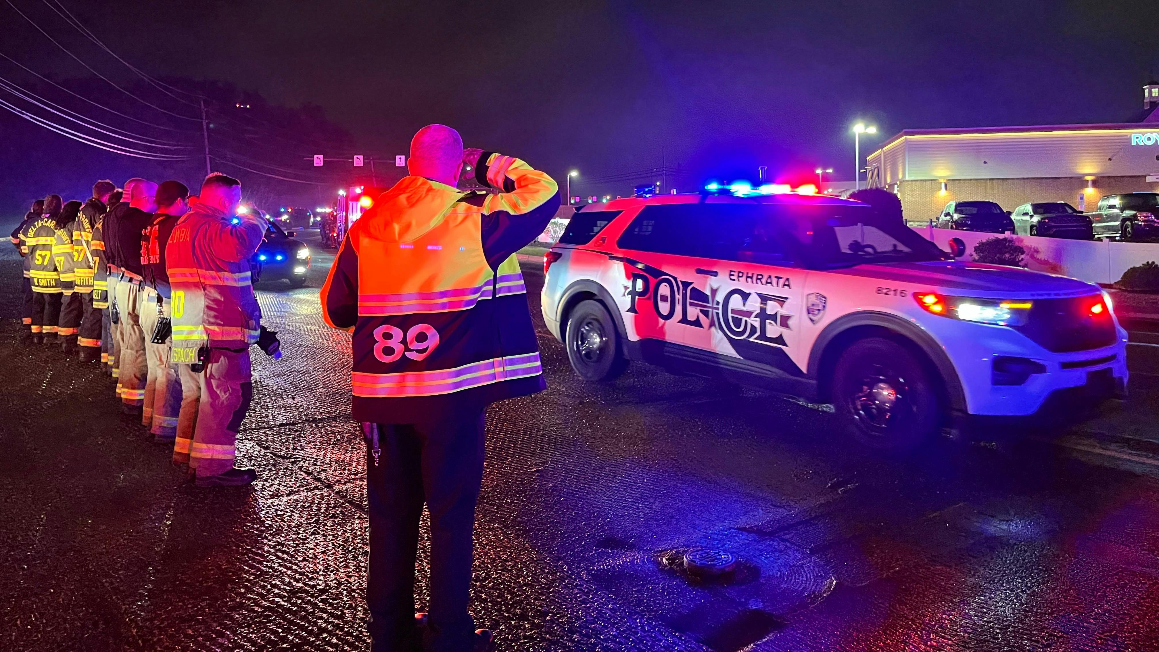 A procession, which lasted for around seven minutes, honors three North York County Regional Police officers who were shot and killed Wednesday while serving an arrest warrant in North Codorus Township, PA.