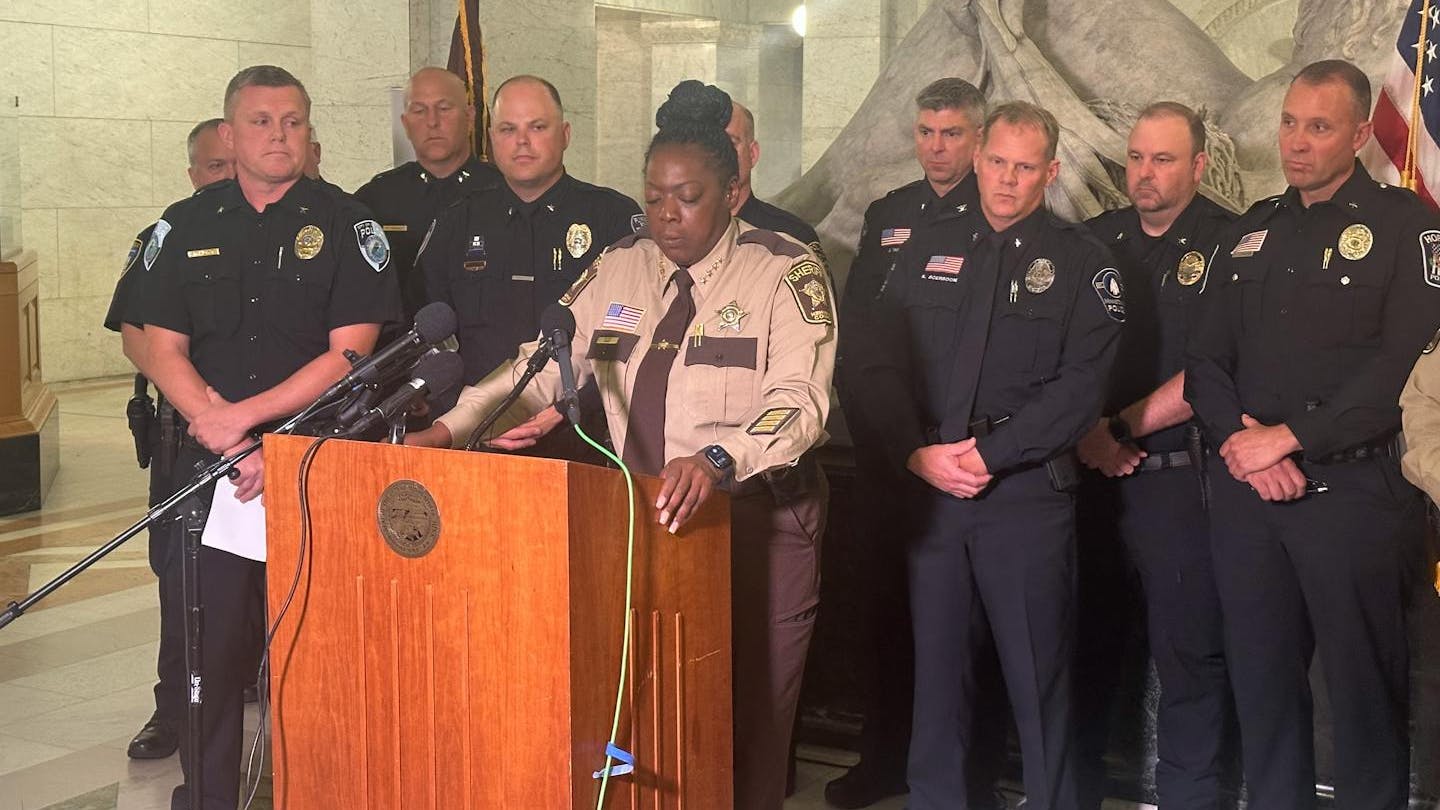 Hennepin County, MN, Sheriff Dawanna Witt&mdash;flanked by county police chiefs&mdash;speaks out against a new policy from Hennepin County Attorney Mary Moriarty limiting felony charges stemming from low-level traffic stops.