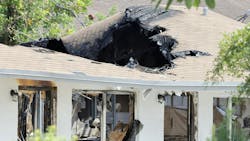 Damage is shown to a Pompano Beach, FL, apartment building where a Broward County Sheriff's Office helicopter crashed in August 2023. Damage is shown to a Pompano Beach, FL, apartment building where a Broward County Sheriff's Office helicopter crashed in August 2023.