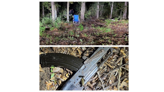 A gunman dressed in black who had set up a chair in the woods (top photo) allegedly shot at Harris County sheriff's deputies in Humble on Tuesday. But his planned ambush suddenly stopped when his weapon (bottom photo) jammed before anyone was struck by gunfire, according to the agency.