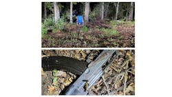 A gunman dressed in black who had set up a chair in the woods (top photo) allegedly shot at Harris County sheriff's deputies in Humble on Tuesday. But his planned ambush suddenly stopped when his weapon (bottom photo) jammed before anyone was struck by gunfire, according to the agency. A gunman dressed in black who had set up a chair in the woods (top photo) allegedly shot at Harris County sheriff's deputies in Humble on Tuesday. But his planned ambush suddenly stopped when his weapon (bottom photo) jammed before anyone was struck by gunfire, according to the agency.