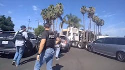 Fontana, CA, police pursued a suspected stolen tractor-trailer for 90 minutes Wednesday until a BearCat armored vehicle and unmarked SUVs were used to end the chase. Fontana, CA, police pursued a suspected stolen tractor-trailer for 90 minutes Wednesday until a BearCat armored vehicle and unmarked SUVs were used to end the chase.