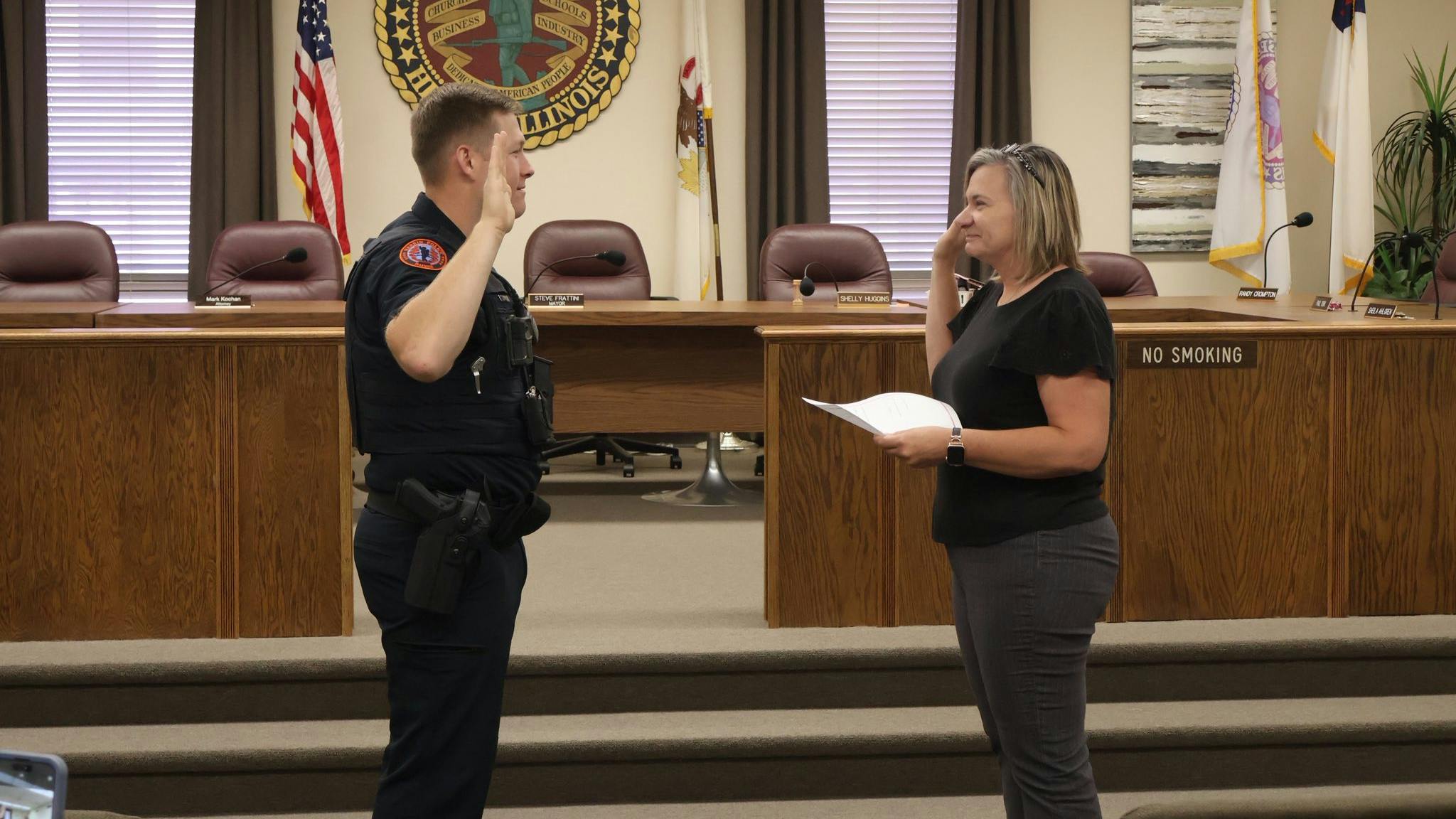 Kevin R. Bailey, a former Army military police officer, is sworn in as a Herrin, IL, police officer during a Sept. 17 ceremony. Bailey joins the department thanks to a new program allowing qualified veterans to substitute military training for portions of the state's 640-hour Basic Law Enforcement Academy.