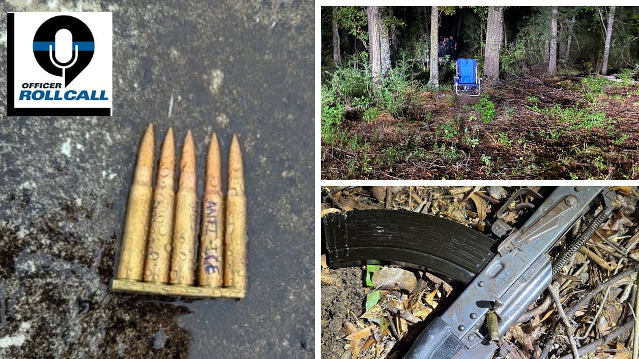 Bullets with 'Anti-ICE' scrawled on them were found with the gunman accused of opening fire at a Dallas ICE office (left). Harris County sheriff's deputies were lured into an ambush by a gunman wearing black and sitting in a chair in a wooded area (top right). The suspect was arrested after his rifle (bottom right) jammed.
