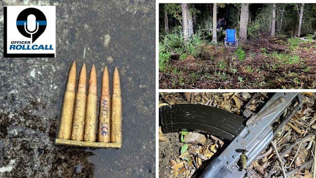 Bullets with 'Anti-ICE' scrawled on them were found with the gunman accused of opening fire at a Dallas ICE office (left). Harris County sheriff's deputies were lured into an ambush by a gunman wearing black and sitting in a chair in a wooded area (top right). The suspect was arrested after his rifle (bottom right) jammed.