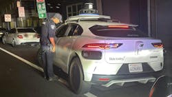 San Bruno, CA, police stopped an autonomous Waymo car after the vehicle made an illegal U-turn in front of officers. San Bruno, CA, police stopped an autonomous Waymo car after the vehicle made an illegal U-turn in front of officers.