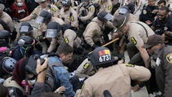 Illinois State Police troopers and Cook County sheriff's deputies control protesters at U.S. Immigration and Customs Enforcement facility in Broadview, Illinois, Oct. 10, 2025. Illinois State Police troopers and Cook County sheriff's deputies control protesters at U.S. Immigration and Customs Enforcement facility in Broadview, Illinois, Oct. 10, 2025.