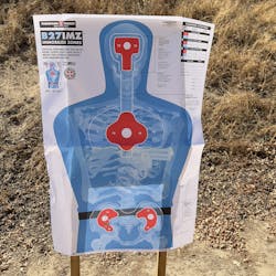 There are plenty of good training targets that approximate the human anatomy. Lindsey often uses this one. However, a 'hit' in the pelvis should be limited to the white dot, which means Lindsey mostly missed. There are plenty of good training targets that approximate the human anatomy. Lindsey often uses this one. However, a 'hit' in the pelvis should be limited to the white dot, which means Lindsey mostly missed.