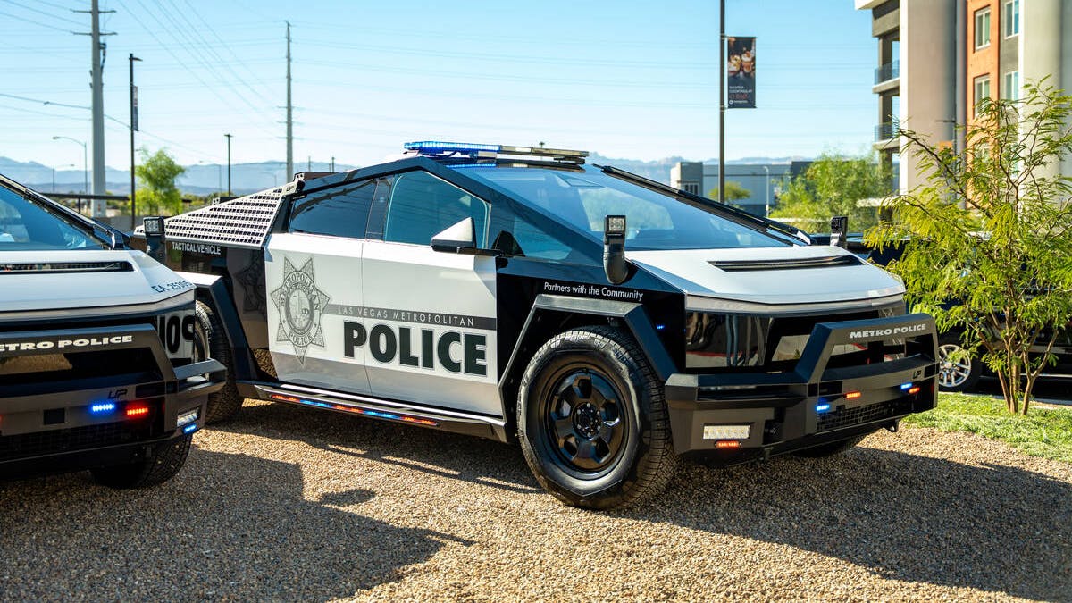 The Las Vegas Metropolitan Police Department's new fleet of Tesla Cybertruck patrol vehicles were on display outside the Otonomus Hotel on Tuesday.