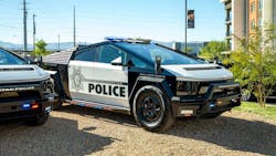 The Las Vegas Metropolitan Police Department's new fleet of Tesla Cybertruck patrol vehicles were on display outside the Otonomus Hotel on Tuesday. The Las Vegas Metropolitan Police Department's new fleet of Tesla Cybertruck patrol vehicles were on display outside the Otonomus Hotel on Tuesday.