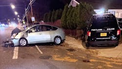 Two Portland, OR, police officers were injured Sunday when a motorist accused of driving under the influence allegedly crashed nearly head-on into a Portland police SUV. Two Portland, OR, police officers were injured Sunday when a motorist accused of driving under the influence allegedly crashed nearly head-on into a Portland police SUV.