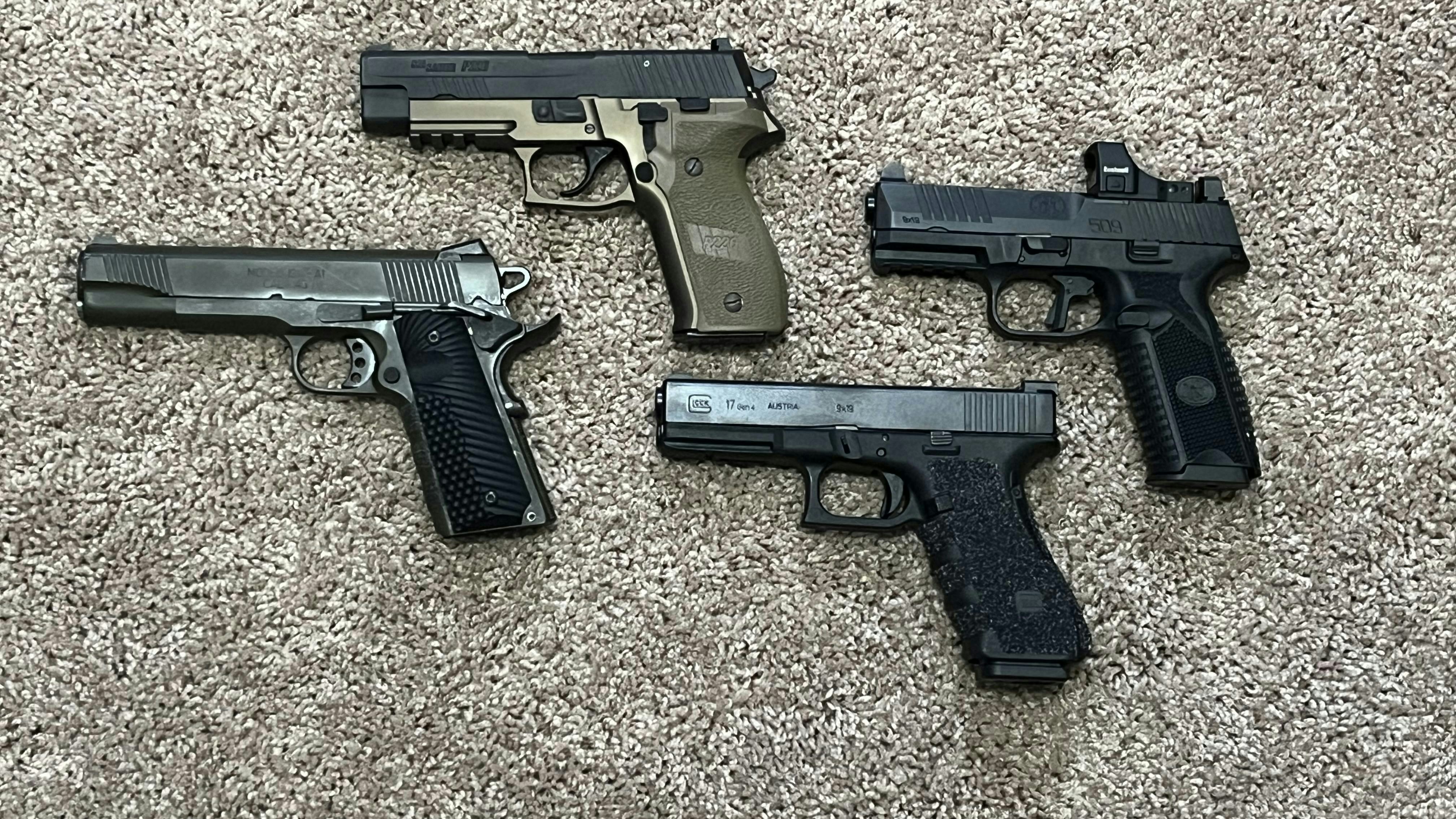 From the Government Model 1911 .45ACP to the SigSauer P226 to the Glock 17, these are the author's duty handguns from 1982 to 2022. The FN 509MRD-LE represents what would be in his holster today.