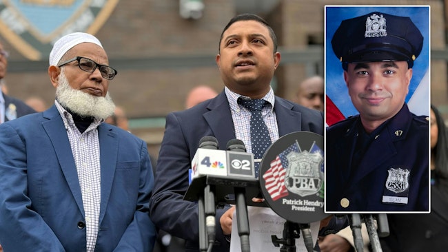 Mohammed Abdul Rob (left), father of NYPD Officer Didarul Islam (inset), and Islam&rsquo;s brother-in-law, Aamrul Hasan, stand outside the department's 47th Precinct in the Bronx on Wednesday. Didarul Islam was shot and killed in a July 28 mass shooting while working an department-approved off-duty security post.