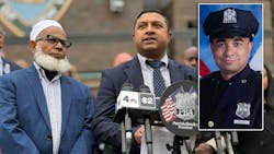 Mohammed Abdul Rob (left), father of NYPD Officer Didarul Islam (inset), and Islam’s brother-in-law, Aamrul Hasan, stand outside the department's 47th Precinct in the Bronx on Wednesday. Didarul Islam was shot and killed in a July 28 mass shooting while working an department-approved off-duty security post. Mohammed Abdul Rob (left), father of NYPD Officer Didarul Islam (inset), and Islam’s brother-in-law, Aamrul Hasan, stand outside the department's 47th Precinct in the Bronx on Wednesday. Didarul Islam was shot and killed in a July 28 mass shooting while working an department-approved off-duty security post.