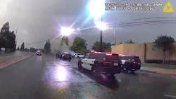 Overhead power lines spark and flash as Fountain Valley police officers approached an alleged impaired driver who crashed into an electrical pole Sunday. Overhead power lines spark and flash as Fountain Valley police officers approached an alleged impaired driver who crashed into an electrical pole Sunday.