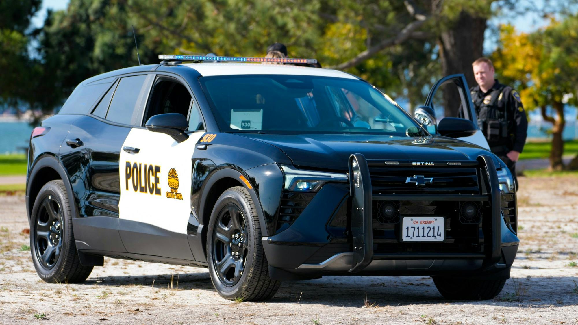Chula Vista, CA, Police Officer Justin Turner stands next to his new 2024 Chevrolet Blazer EV cruiser.