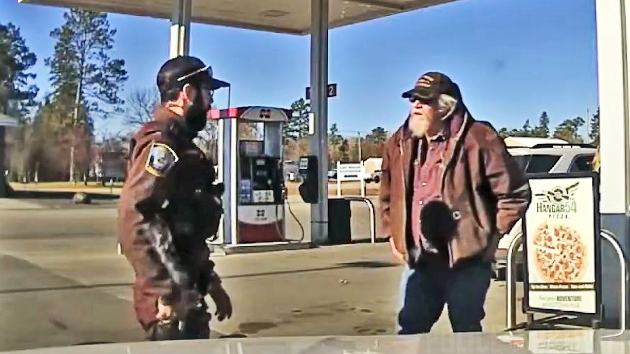 A Clearwater County, MN, sheriff's deputy confronts a 75-year-old man wanted on felony warrants at a Bagley gas station on Nov. 13.
