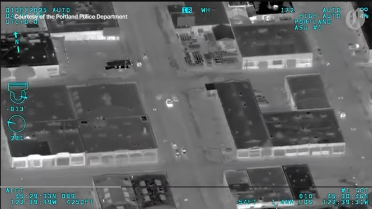 A Portland, OR, police airplane tracks a 19-year-old driver who swerved into oncoming traffic at high speeds while fleeing a stop.