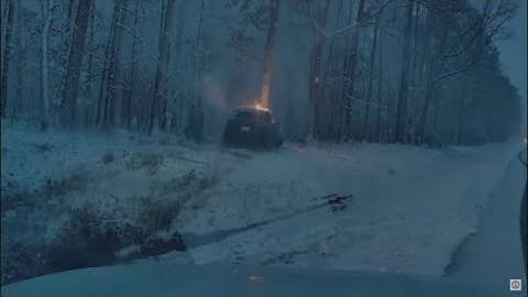A Virginia State Police sergeant pulls a driver from a Tesla that burst into flames after hitting a tree.