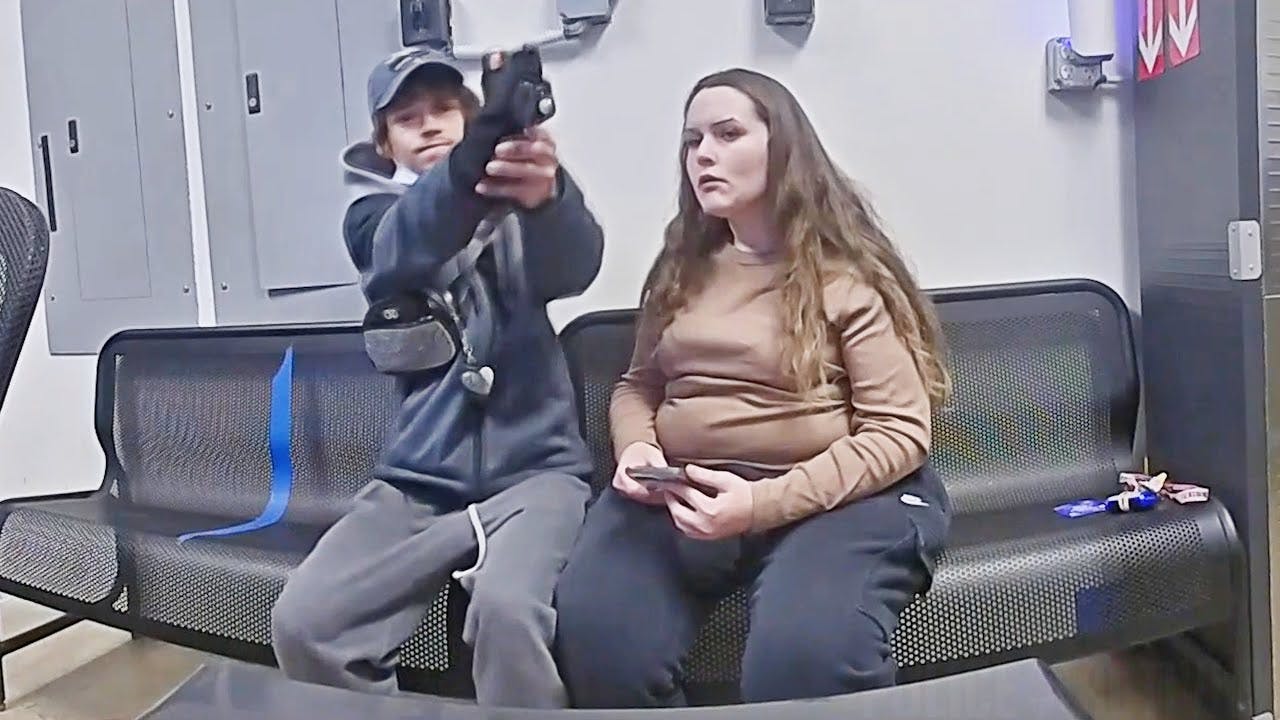 A shoplifting suspect draws a gun and pulls the trigger while pointing the weapon at a Canton, OH, police officer.