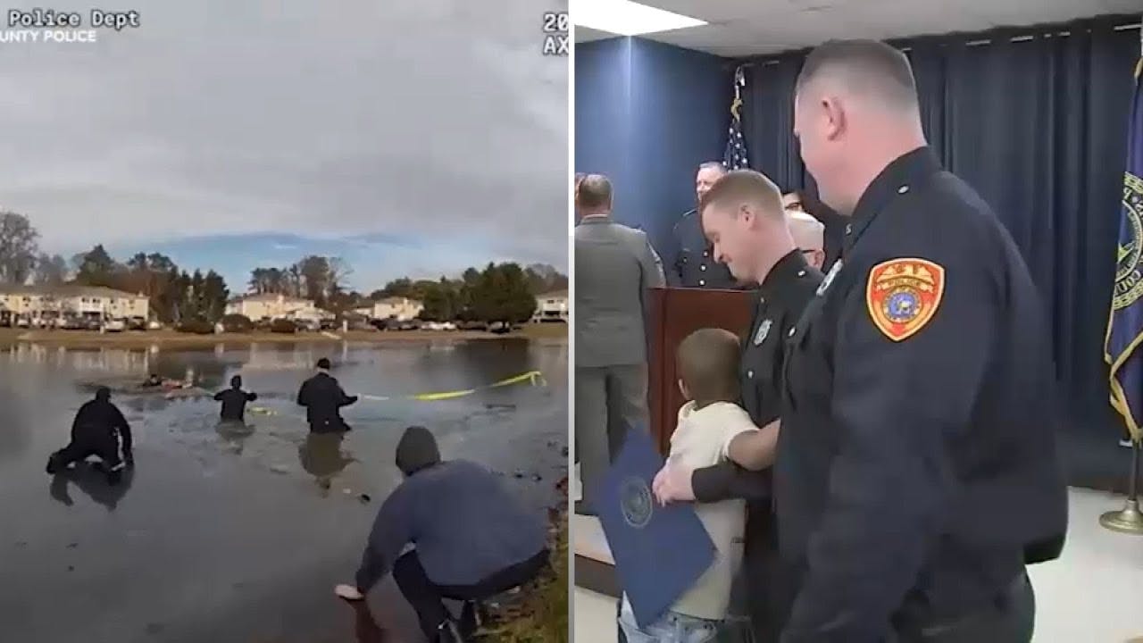 Suffolk County, NY, police rescue a boy who fell into an ice-covered pond on Christmas.