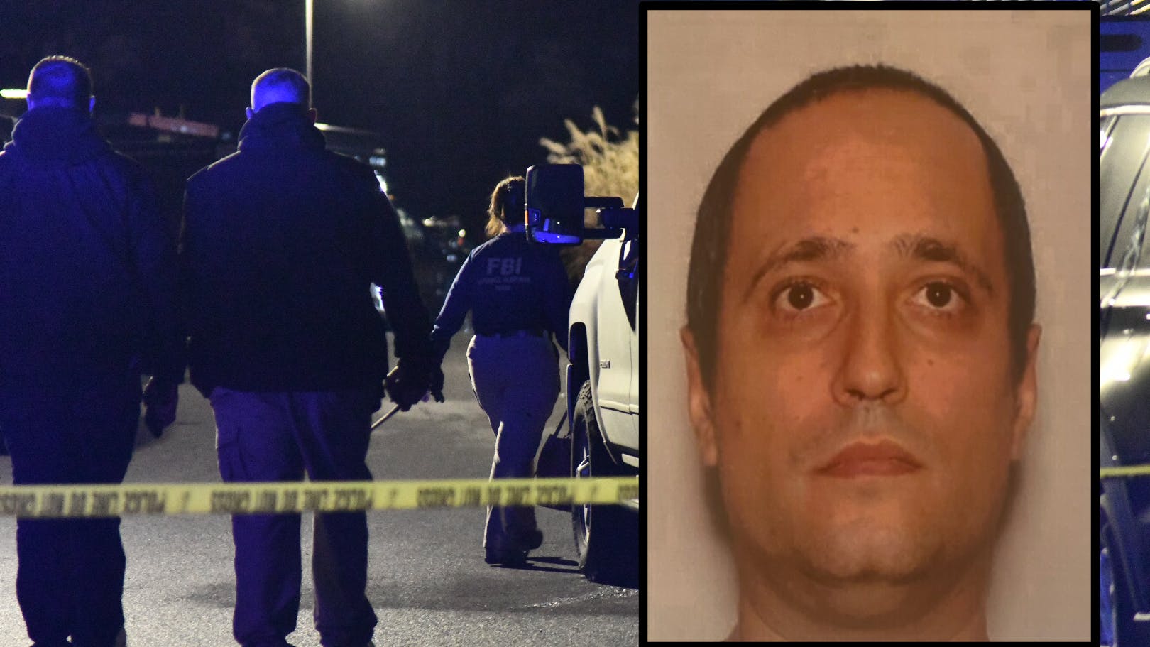 Police and other law enforcement agencies at a storage facility in Salem, New Hampshire, where the suspected Brown University shooter, Claudio Neves-Valente, inset, was found dead.