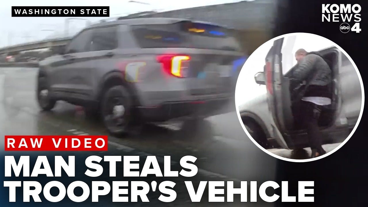 BODYCAM VIDEO: Man running on freeway steals Washington state trooper vehicle and speeds off