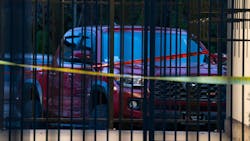 The scene at Southeast 146th and East Burnside Street, where a red truck, shown here, ended up after allegedly being involved in a shooting with Border Patrol in Portland, Oregon, Thursday, January, 8, 2026. The scene at Southeast 146th and East Burnside Street, where a red truck, shown here, ended up after allegedly being involved in a shooting with Border Patrol in Portland, Oregon, Thursday, January, 8, 2026.