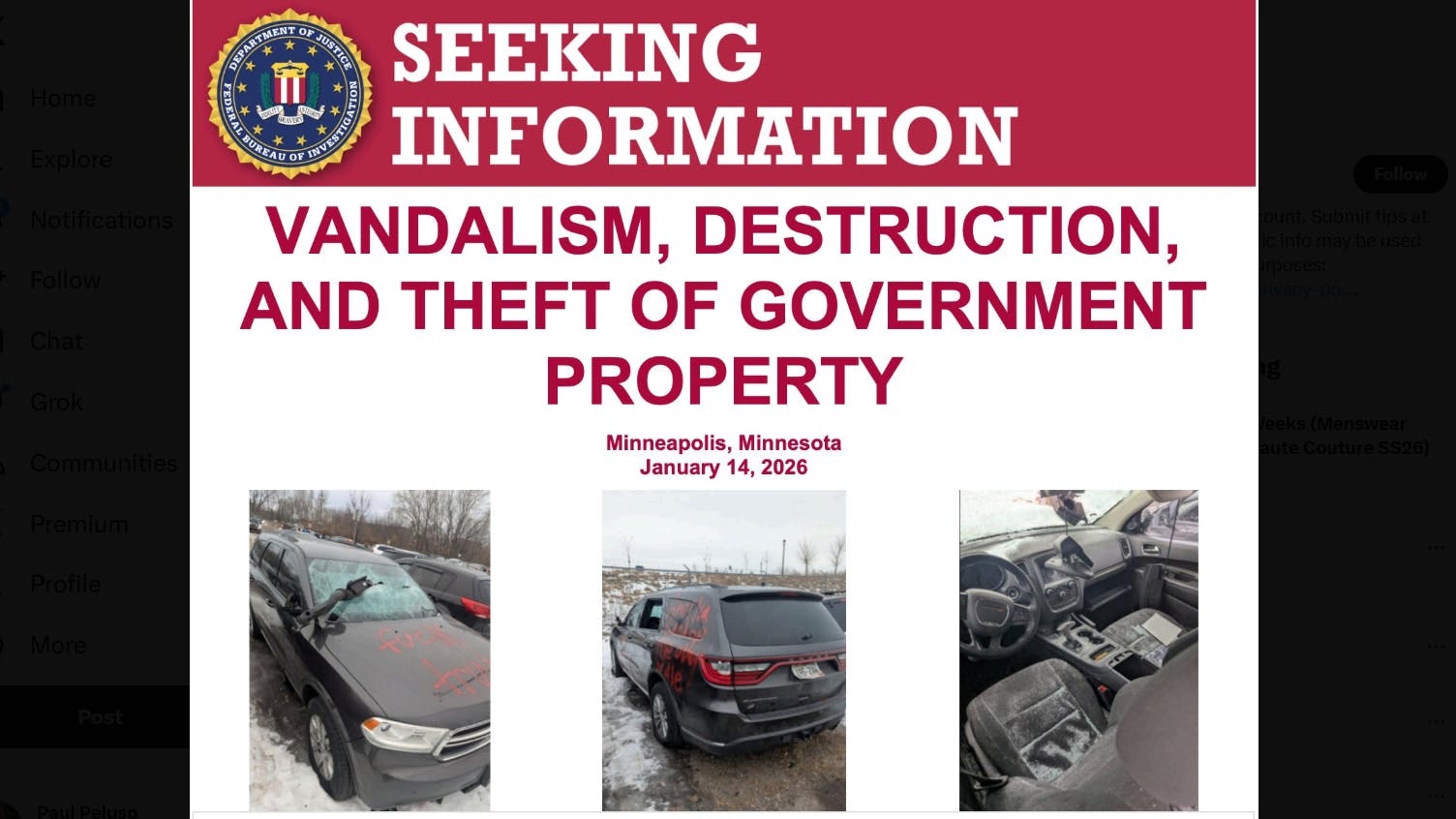 The FBI is seeking assistance from the public and is asking anyone with photos, video, or other digital footage from the area at the time of the incident to submit the material through its designated tip portal.