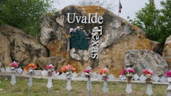 The memorial with teddy bears and flowers on the cross for the mass shooting memorials by the entrance into the town of Uvalde, Texas, on April 8, 2024. The memorial with teddy bears and flowers on the cross for the mass shooting memorials by the entrance into the town of Uvalde, Texas, on April 8, 2024.