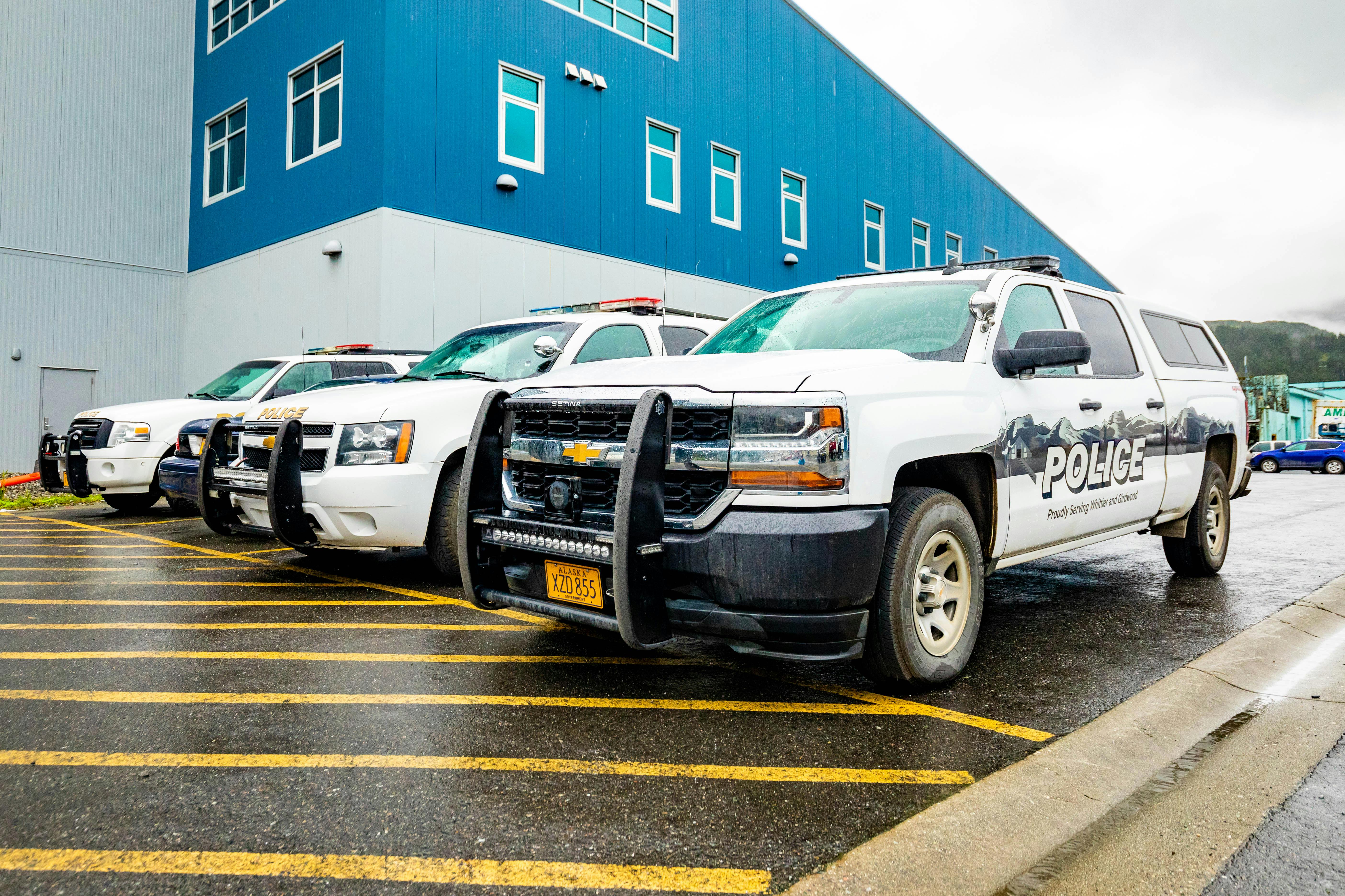 Patrol vehicles are seen parked in Whittier, Alaska.