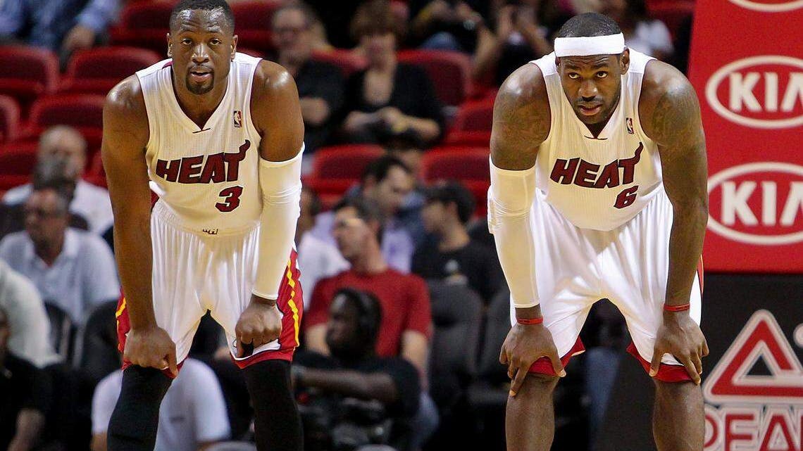 Dwyane Wade, left, and Lebron James during a preseason game between the Detroit Pistons against the Miami Heat at the AmericanAirlines Arena in Miami on Oct. 18, 2012.