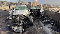 Two St. Louis Police officers were helping county police at around 2:30 p.m. when the suspects' vehicle collided with the marked city patrol car on the flyover ramp interchange Two St. Louis Police officers were helping county police at around 2:30 p.m. when the suspects' vehicle collided with the marked city patrol car on the flyover ramp interchange