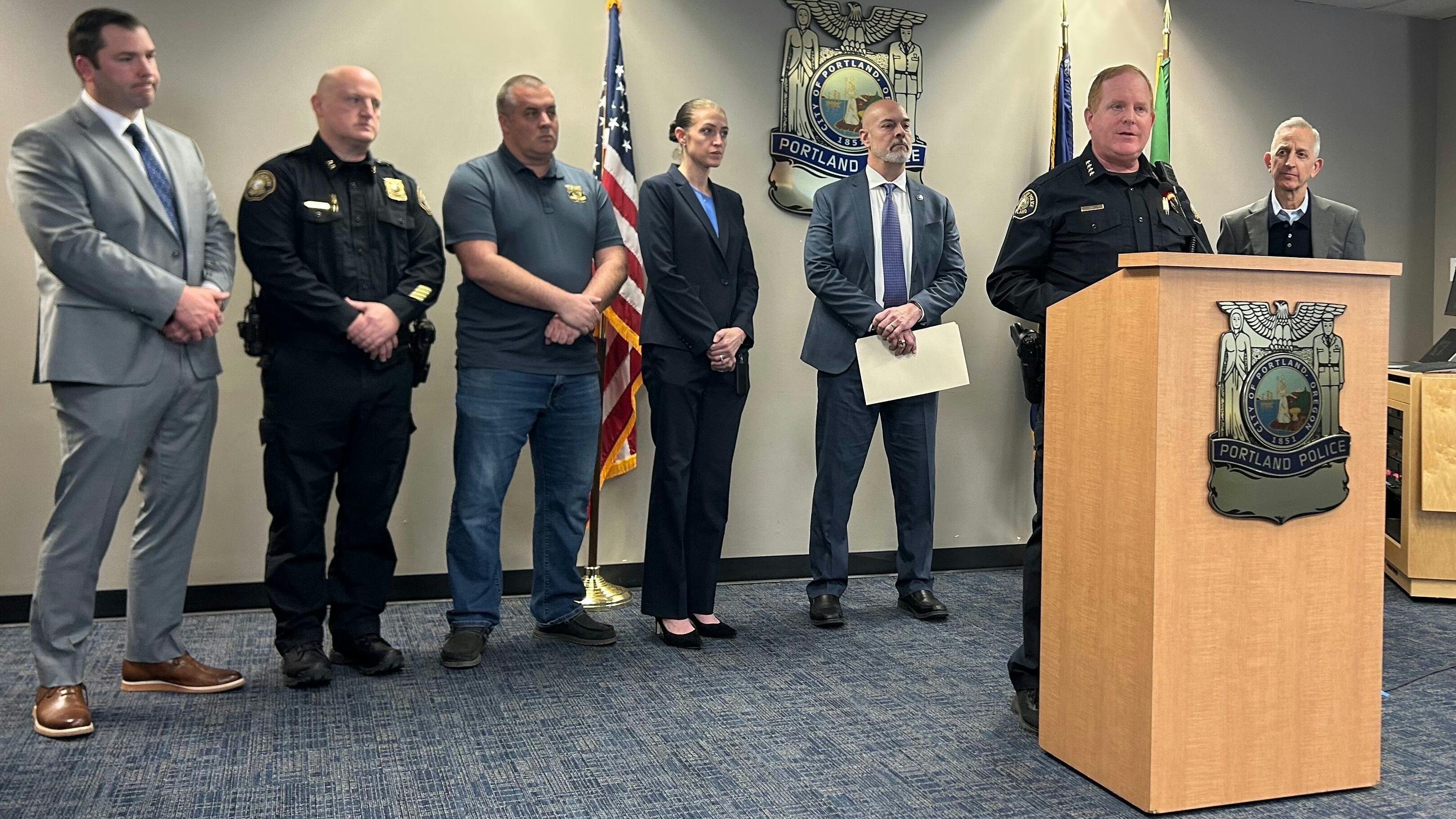 Portland Police Chief Bob Day speaks at a news conference about the arrest of a man who allegedly shot two officers on Jan. 19.