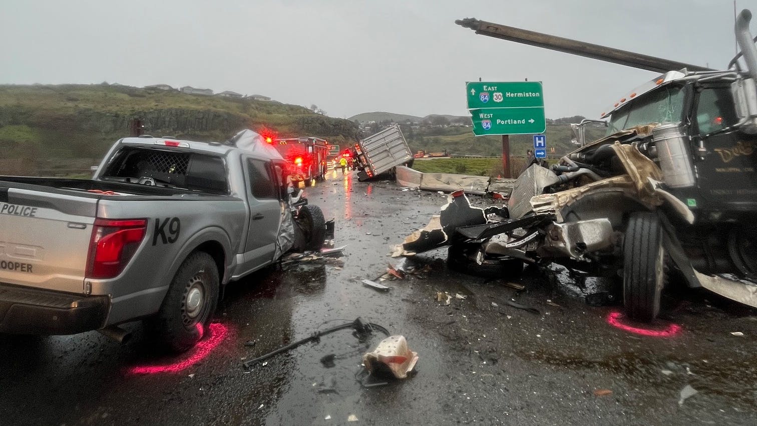 2 Oregon State Police troopers stable after tractor-trailer collision.