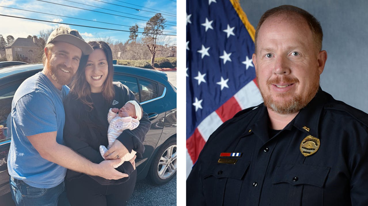 The Preston family (left) and Cobb County, GA, Police Officer William Desaussure.