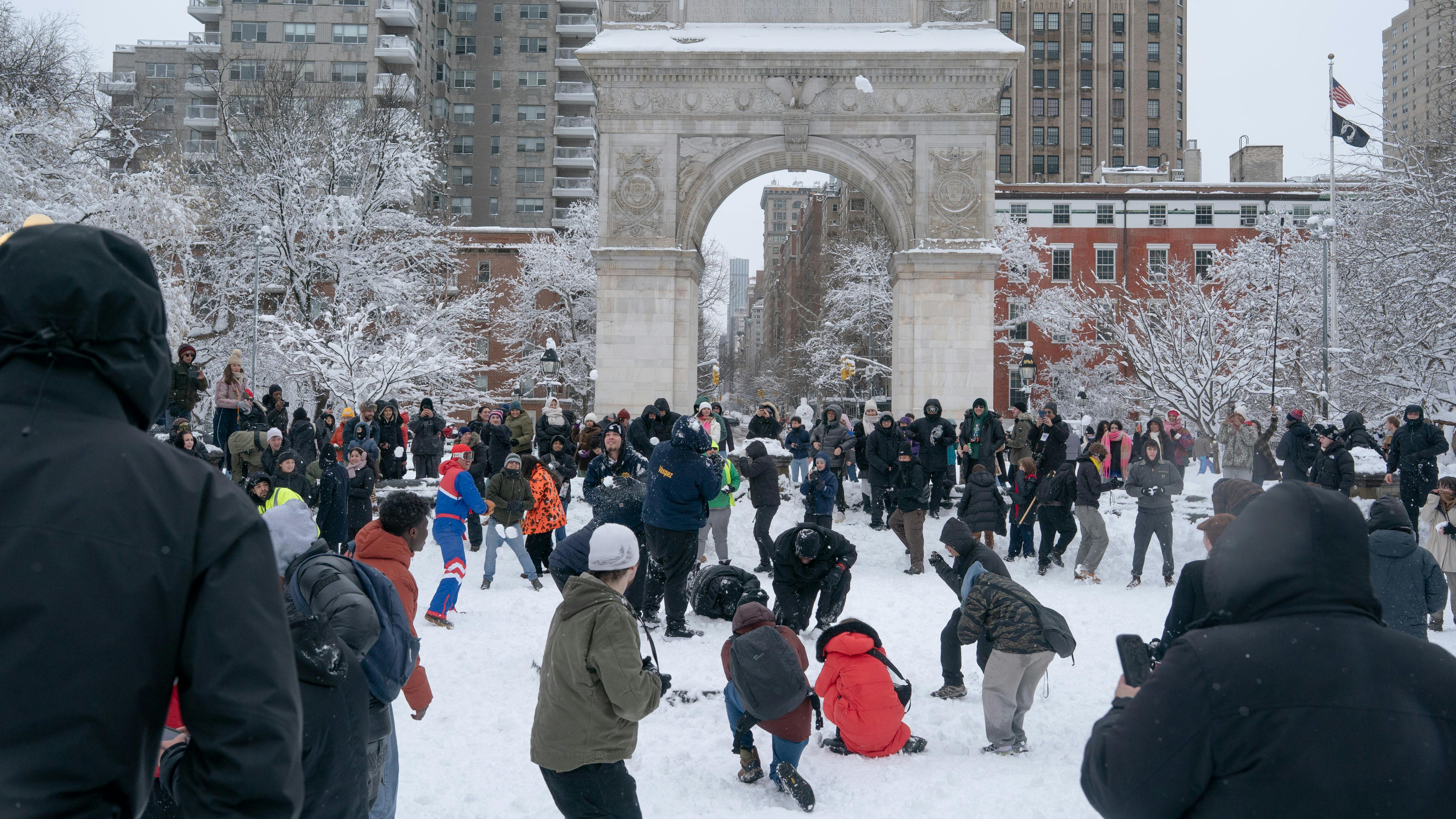 Massive Washington Square Park snowball fight.