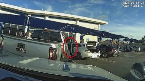 Glendale, AZ, police officer nearly pinned by driver fleeing in stolen pickup.