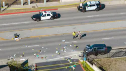 Investigators work the scene where 25 sheriff’s and police recruits were hit by a driver in South Whittier on Nov. 16, 2022. Investigators work the scene where 25 sheriff’s and police recruits were hit by a driver in South Whittier on Nov. 16, 2022.