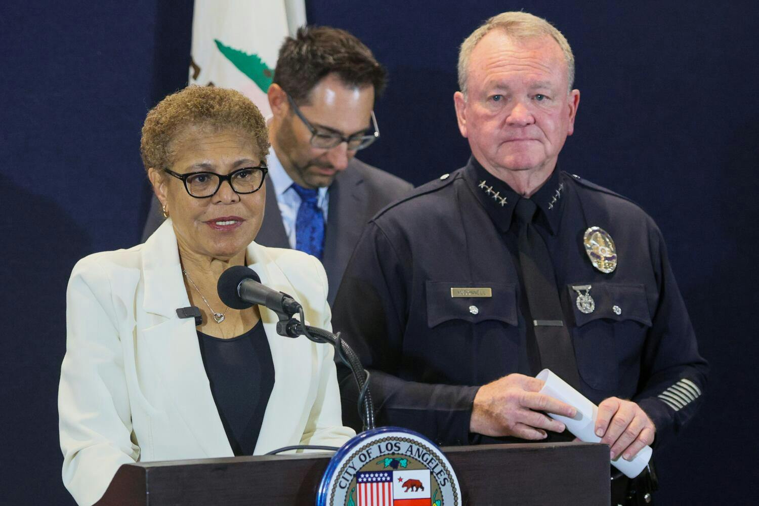 Mayor Karen Bass speaks during a press conference regarding recent uptick of burglaries in the San Fernando Valley at LAPD Headquarters on Monday, April 20, 2026 in Los Angeles, CA.