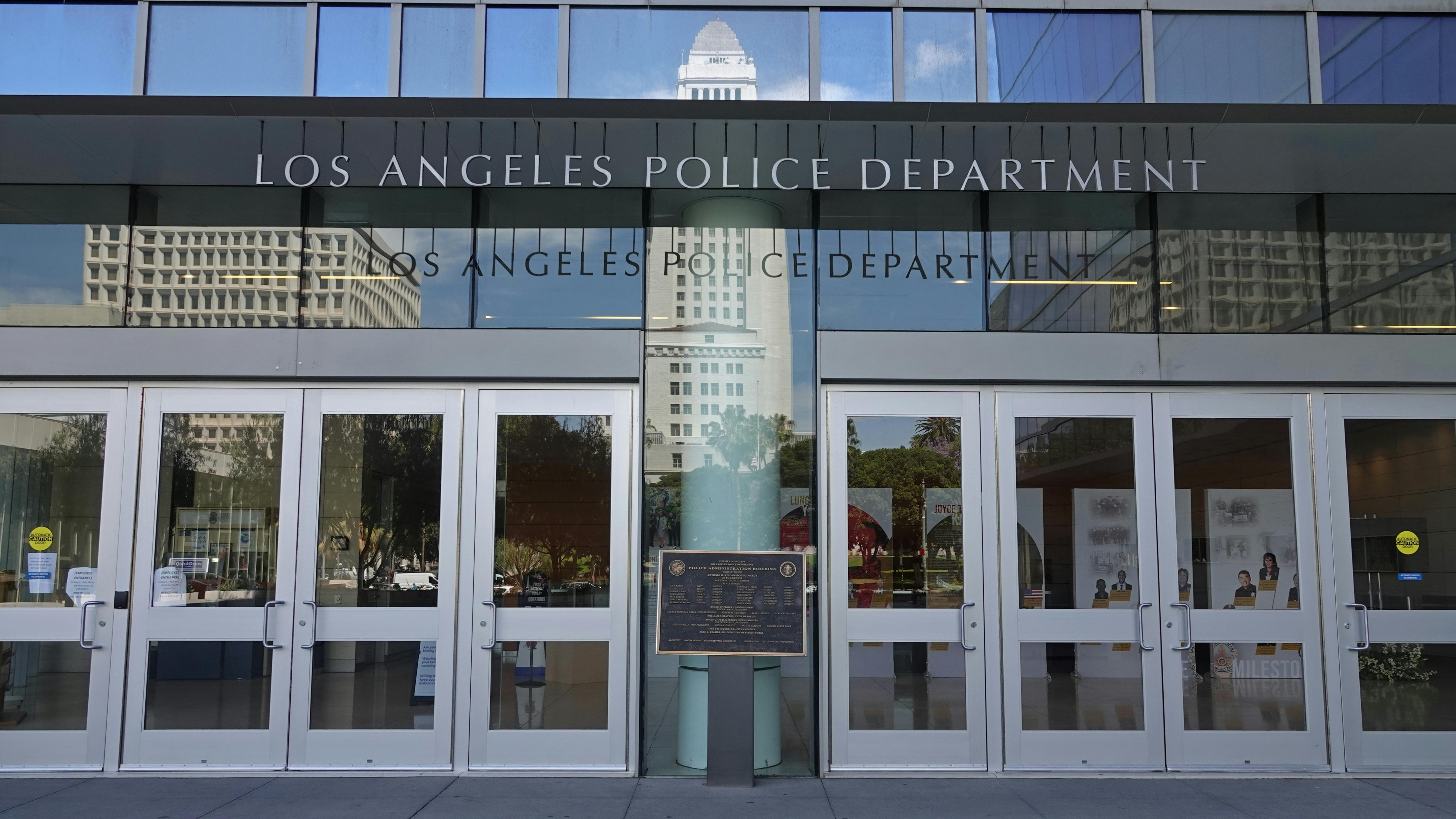 The main entrance for the LAPD headquarters building is shown in downtown Los Angeles.