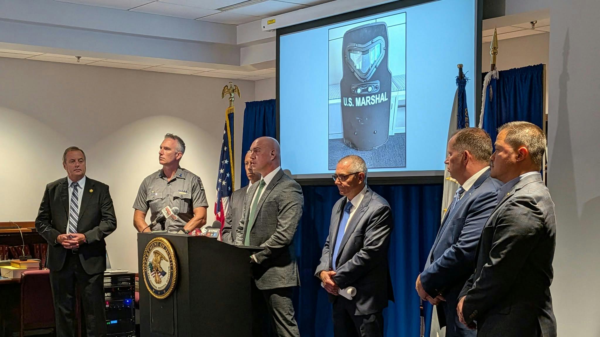 Deputy U.S. Marshal's ballistic shied that blocked suspect's gunfire