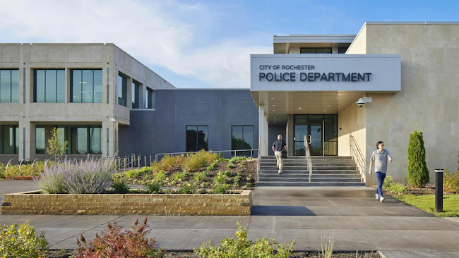 The Rochester North Police Station and Government Service Center received the Public Safety Centers Bronze Award in the 2021 Officer Station Design Awards.