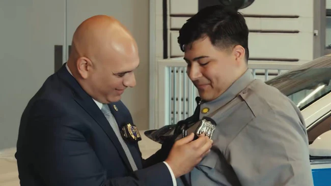 Officer Christian Leon, one of the NYPD's newest graduates, was reunited with the detective who rescued him following a serious car crash in 2021.