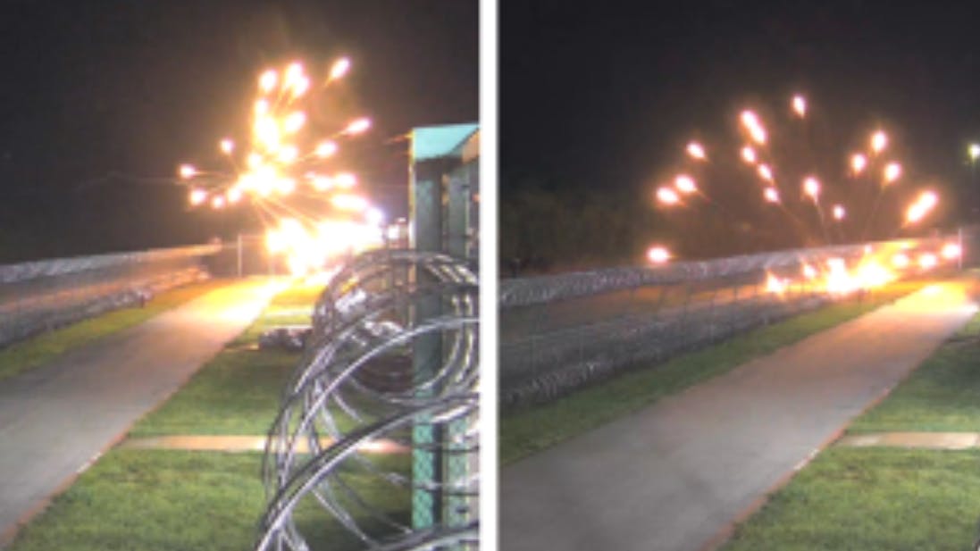 Exploding fireworks (explosives) thrown at the Prairieland facility by Antifa Cell members, captured by surveillance cameras.