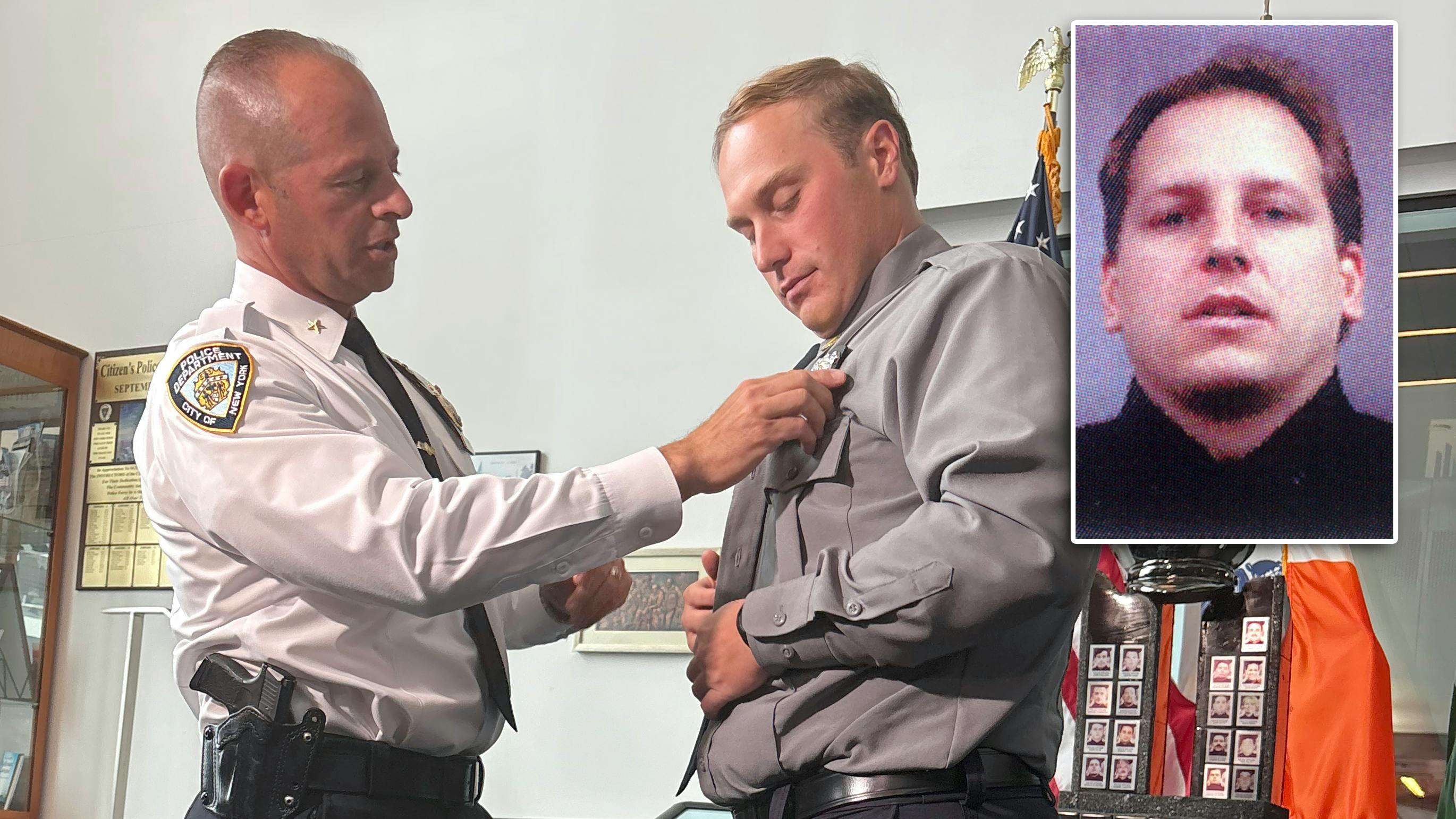 NYPD graduate Casey Kloepfer, right, gets his shield from Chief Morello on Tuesday, June 23, 2026, in Queens, New York. Casey's father, ESU Officer Ronald Kloepfer (inset) died on 9/11.