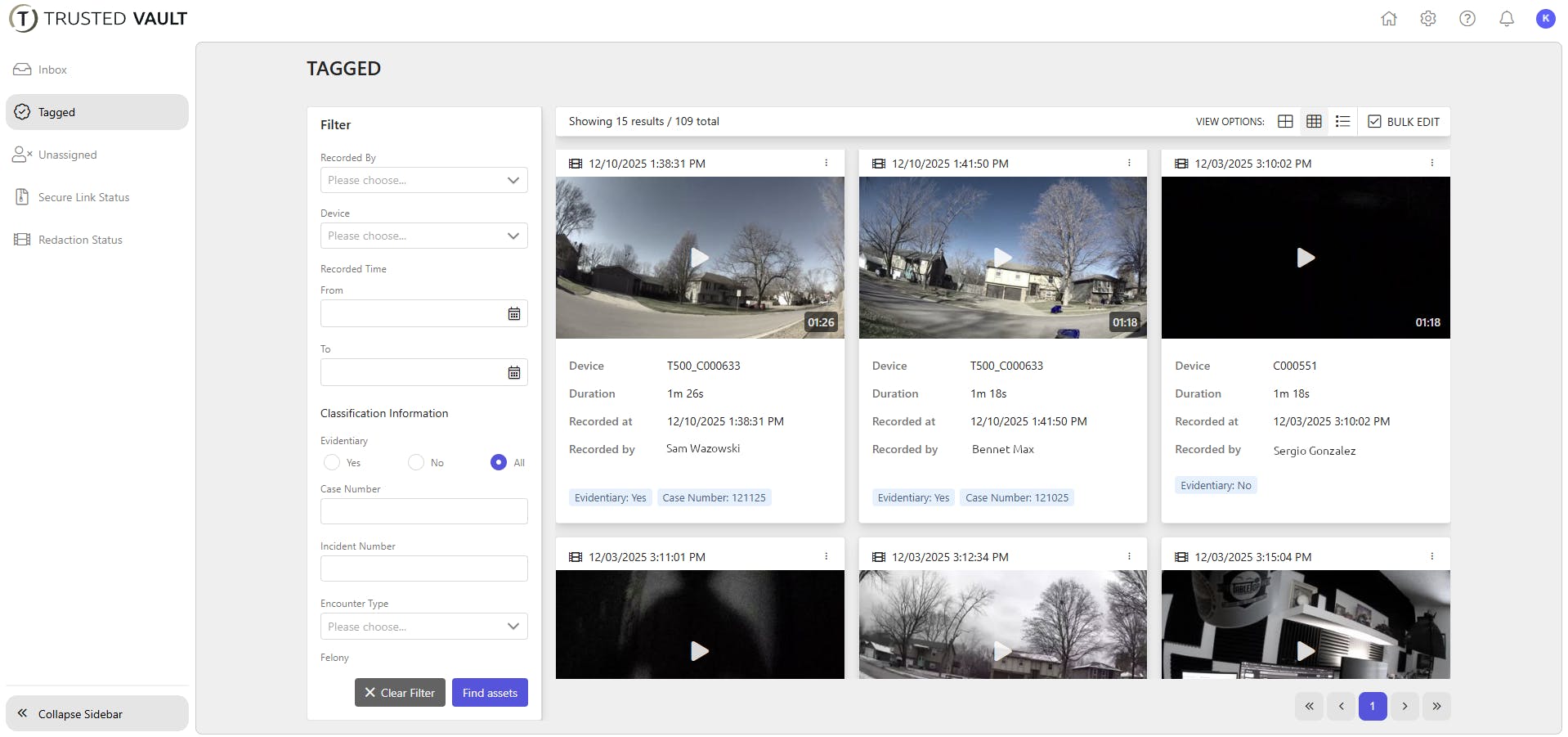 The Trusted Vault software allows for easy and intuitive management of video captured and uploaded by the T500 body worn cameras.