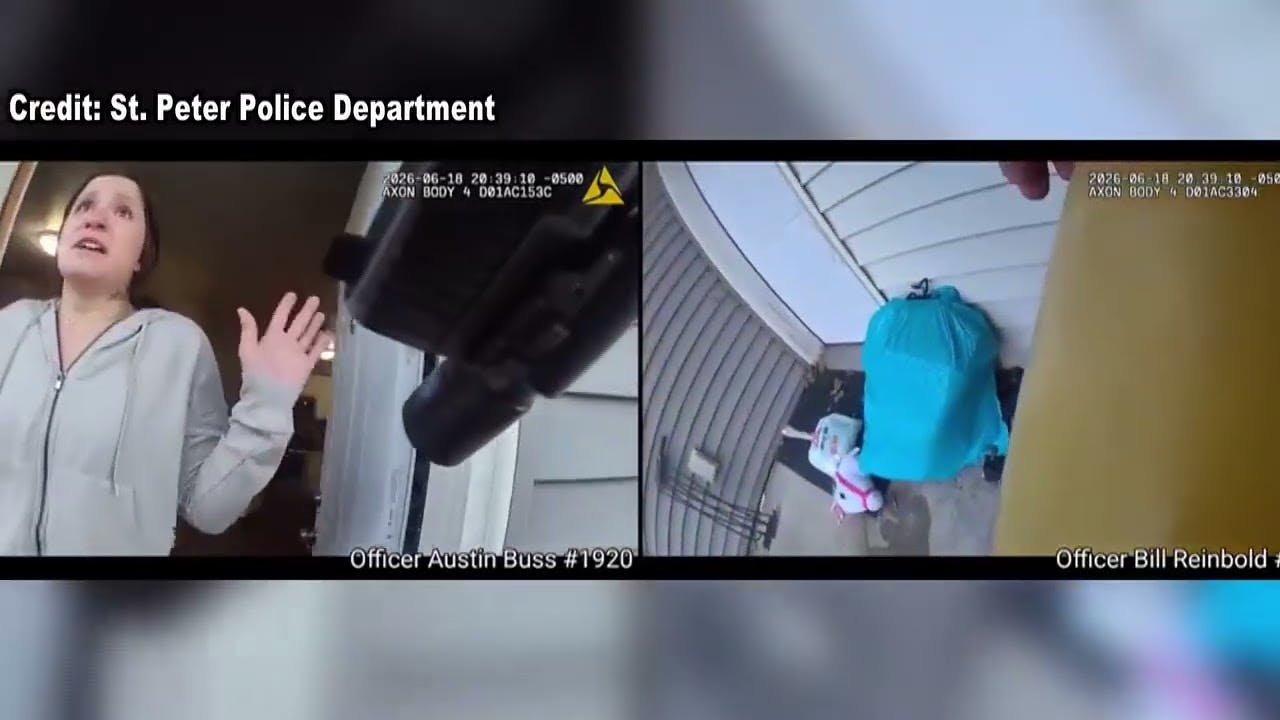 Bodycam footage from a stairway shootout in St. Peter